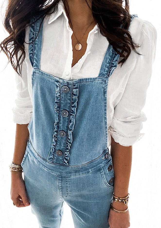 

Jumpsuits & Rompers Button Pocket Denim Overall Jumpsuit in Blue. Size