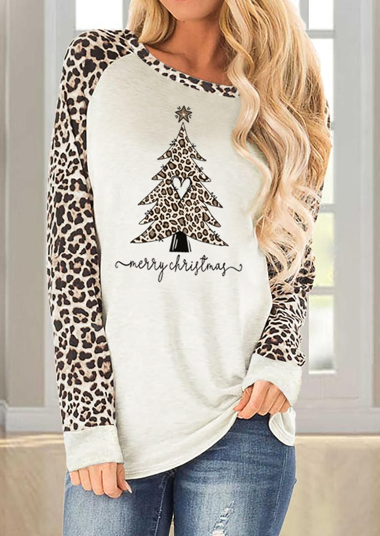 Merry Christmas Tree Heart Leopard Long Sleeve T-Shirt Tee