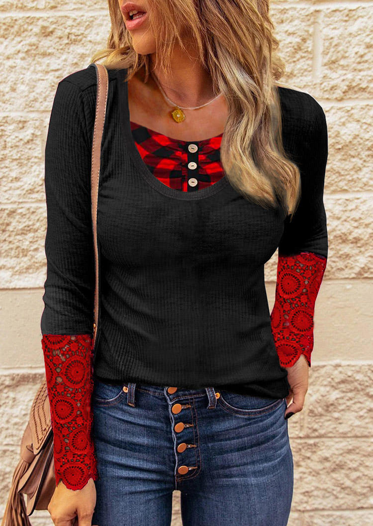 

Blouses Plaid Lace Splicing Button Long Sleeve Blouse in Black. Size