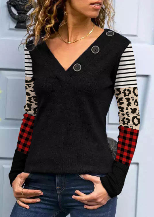 

Blouses Leopard Plaid Striped Button Blouse in Black. Size