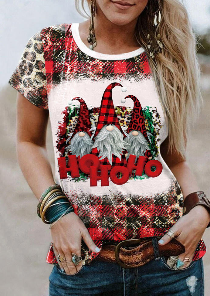 Christmas Ho Ho Ho Leopard Plaid Gnomies T-Shirt Tee