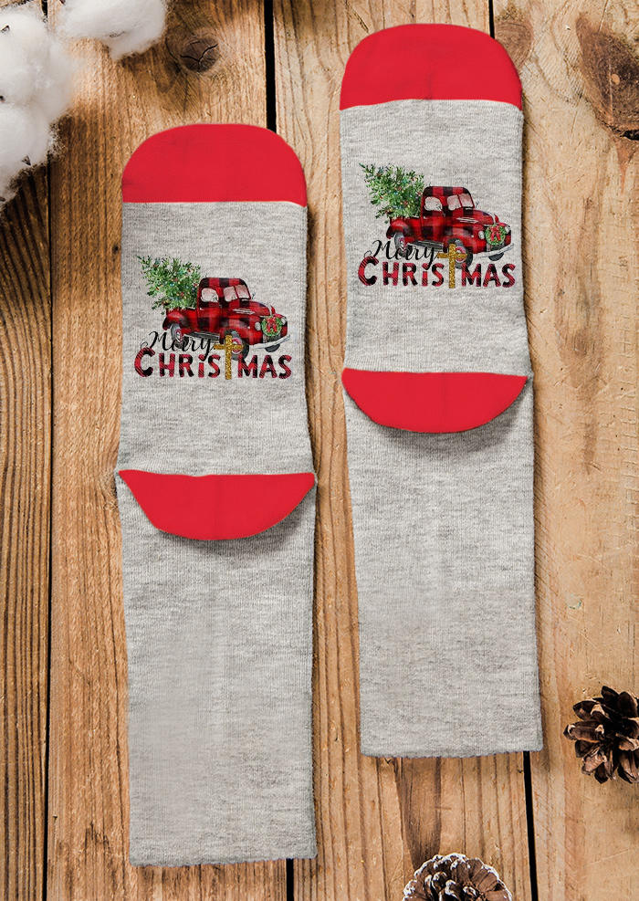 

Crew Socks Merry Christmas Plaid Truck Tree Crew Socks in Red. Size