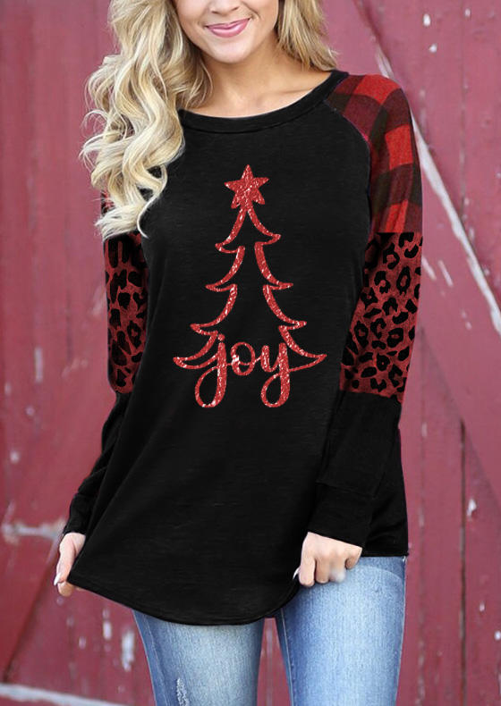 T-shirts Tees Christmas Tree Joy Leopard Plaid O-Neck T-Shirt Tee in Black. Size: L,M,S,XL