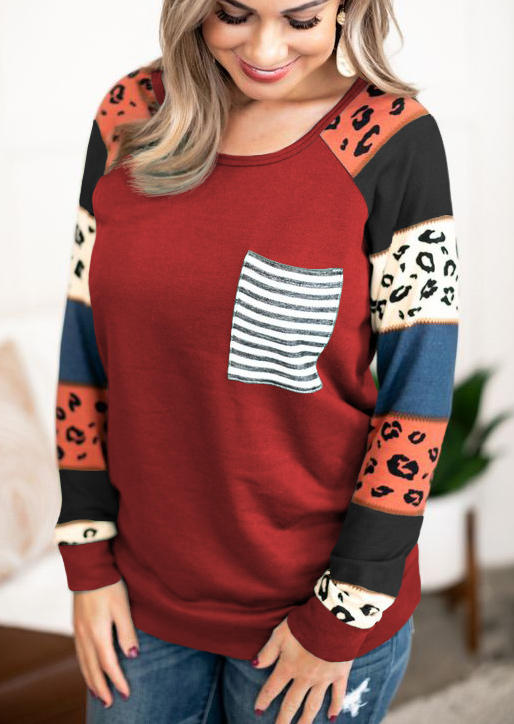 Leopard Color Block Striped Pocket Blouse
