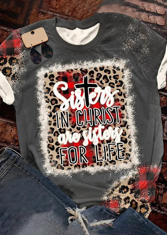 T-shirts Tees Sisters In Christ Are Sisters For Life Leopard Plaid T-Shirt Tee in Gray. Size: L,M,S,XL