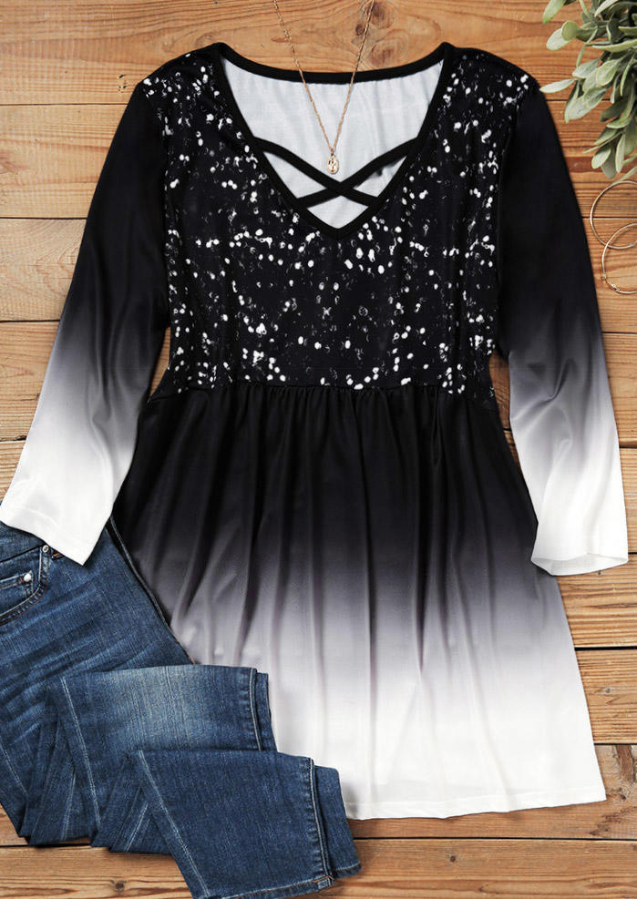 

Blouses Gradient Criss-Cross Glitter Three Quarter Sleeve Blouse in Black. Size