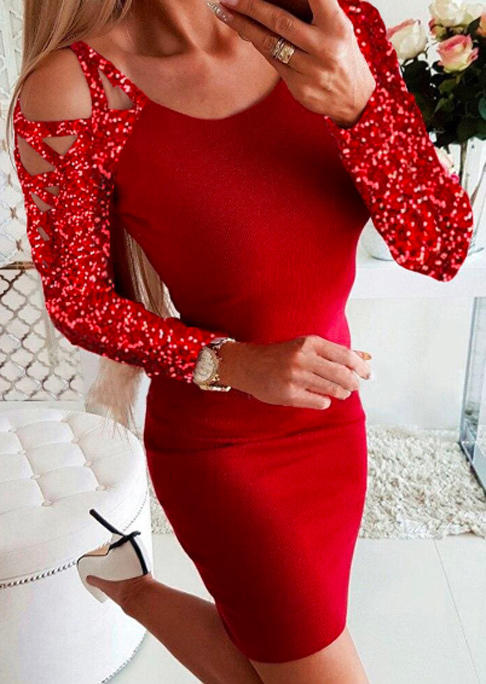 

Bodycon Dresses Glitter Criss-Cross O-Neck Bodycon Dress in Red. Size: L,M,,XL