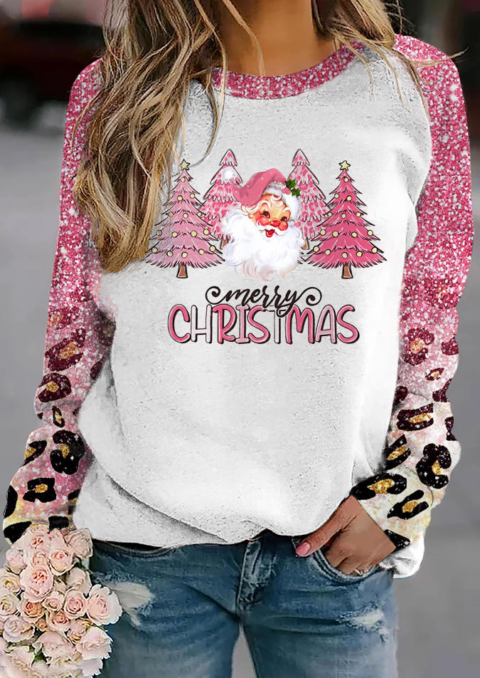 Sweatshirts Merry Christmas Tree Santa Claus Leopard Sweatshirt in Pink. Size: L,M,S