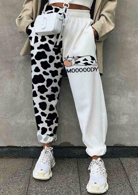 Pants Mooooody Cow Color Block Pocket Sweatpants in White. Size: M,S,XL