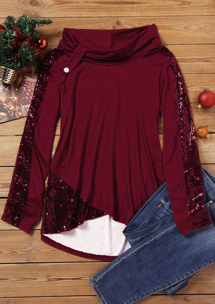 

Blouses Button Long Sleeve Turtleneck Blouse - Burgundy in Red. Size