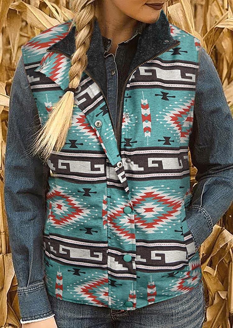 Coats Aztec Geometric Pocket Zipper Button Vest Coat in Multicolor. Size: S