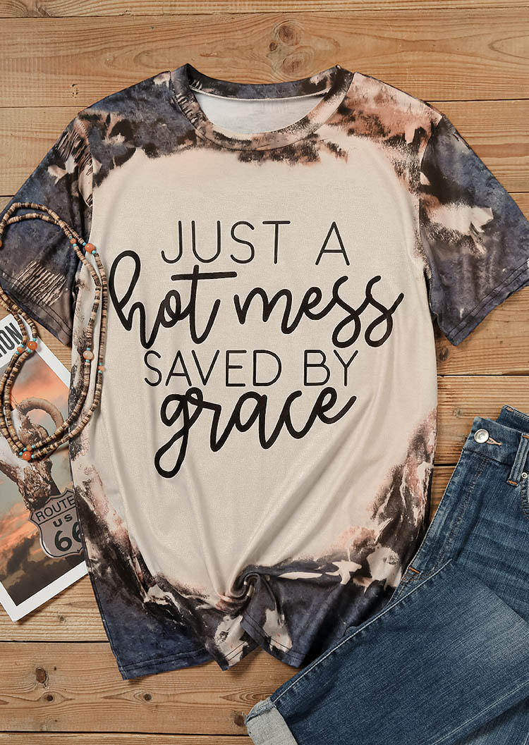 T-shirts Tees Just A Hot Mess Saved By Grace Bleached T-Shirt Tee in Gray. Size: L,M,S,XL