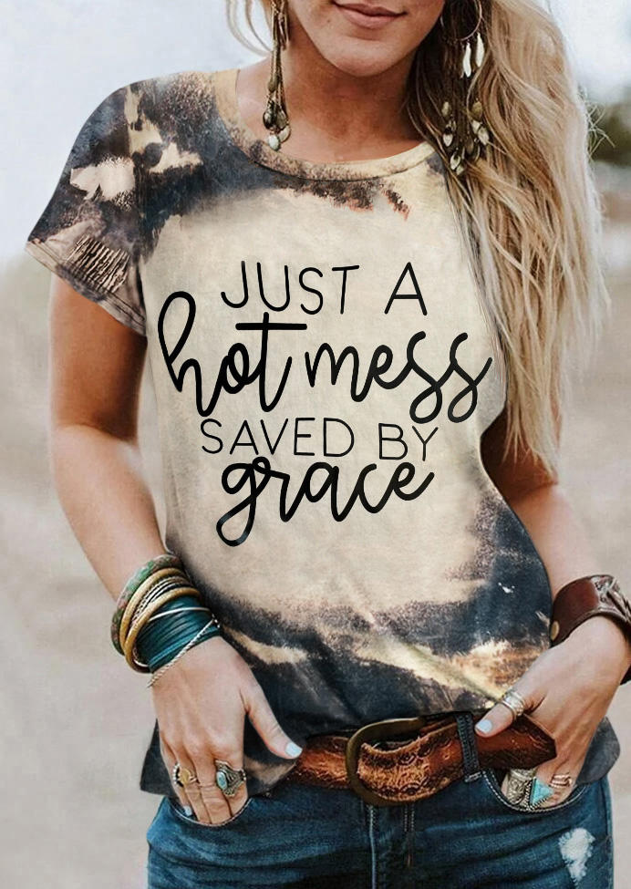 Just A Hot Mess Saved By Grace Bleached T-Shirt Tee - Gray