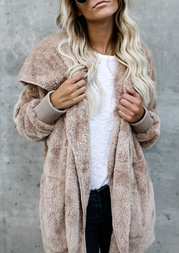 

Coats Fleece Pocket Long Sleeve Hooded Coat in Khaki. Size