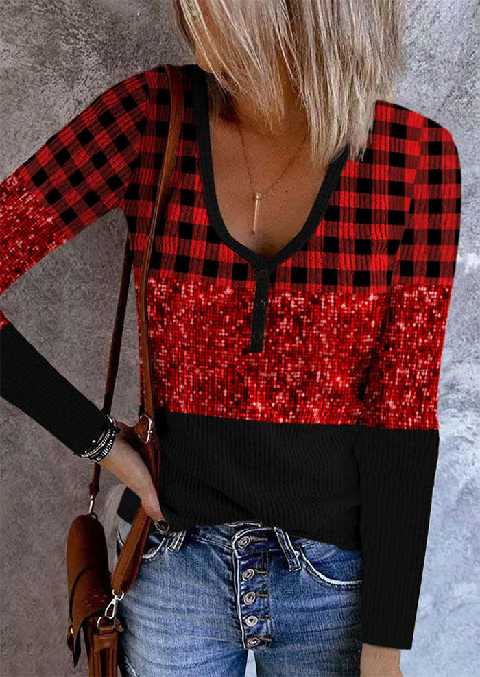 Plaid Glitter Button Long Sleeve Blouse - Red
