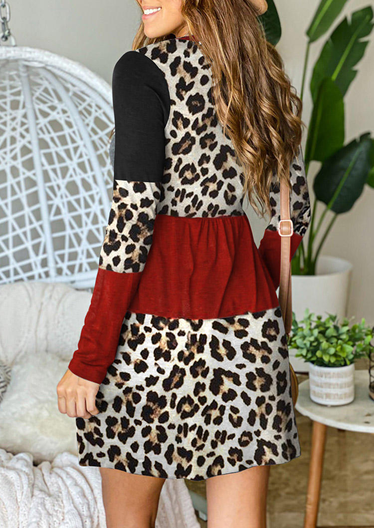 

Mini Dresses Leopard Color Block Long Sleeve Mini Dress in Multicolor. Size: L,M,,XL