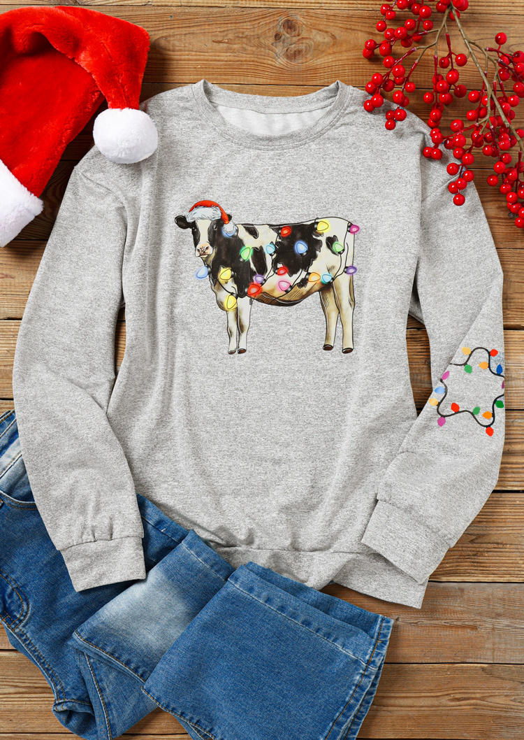 Christmas Hat Lantern Cattle Star Sweatshirt - Light Grey