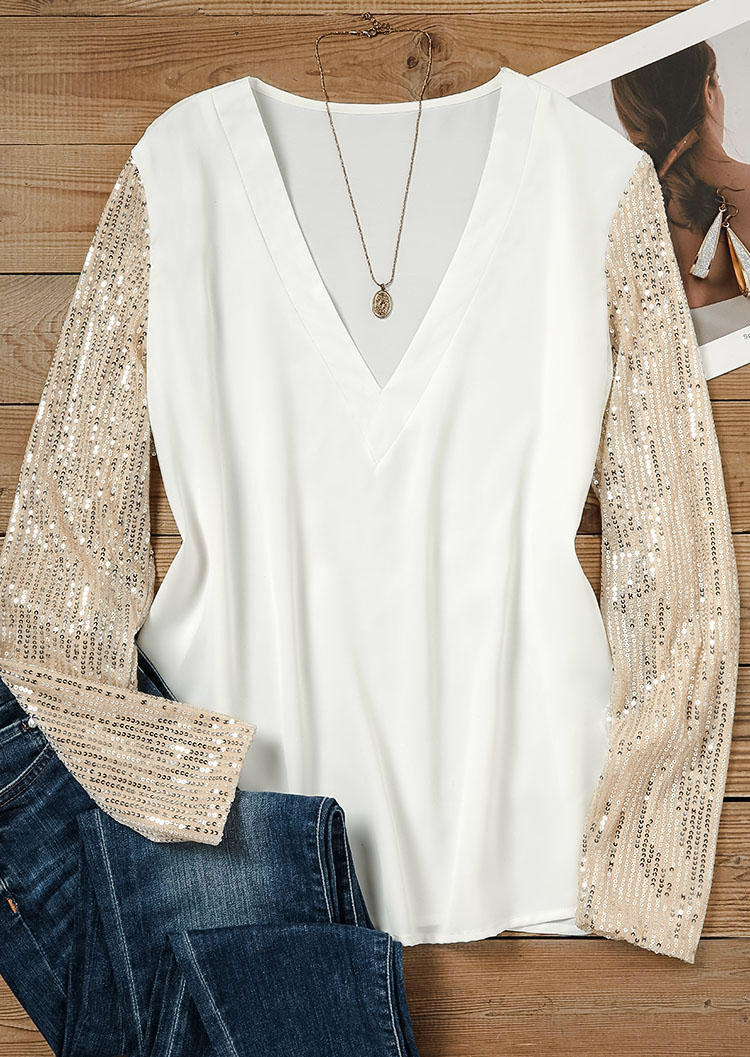 

Blouses Glitter Long Sleeve V-Neck Blouse in White. Size
