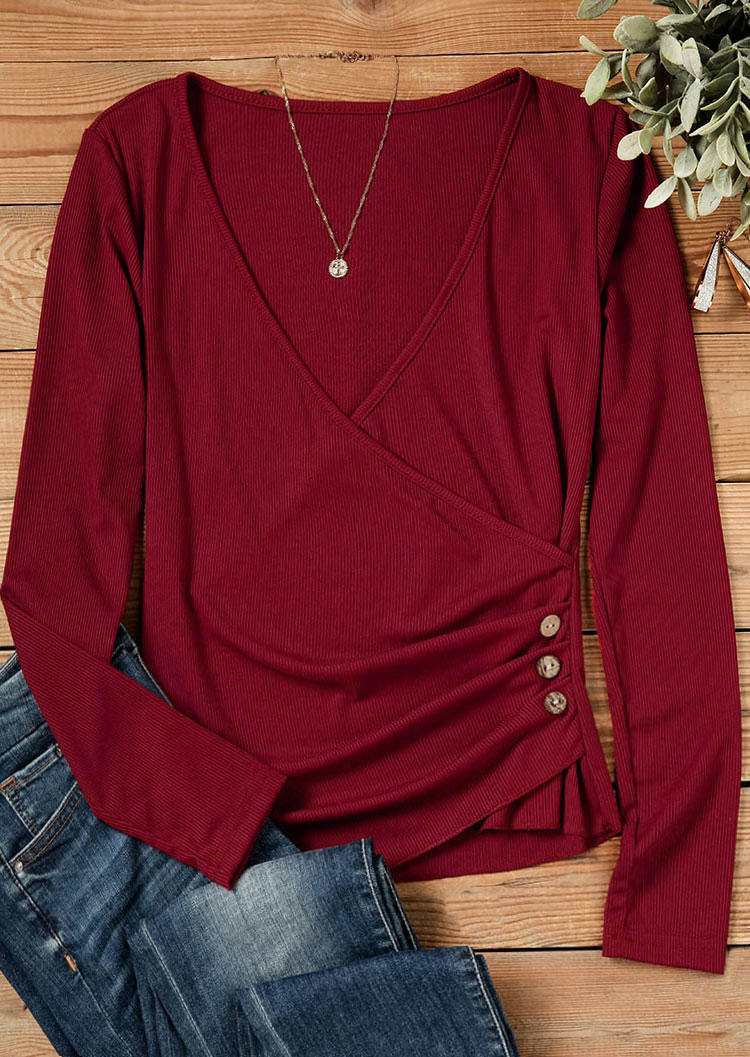 Blouses Button Long Sleeve Wrap V-Neck Blouse - Burgundy in Red. Size: M,XL