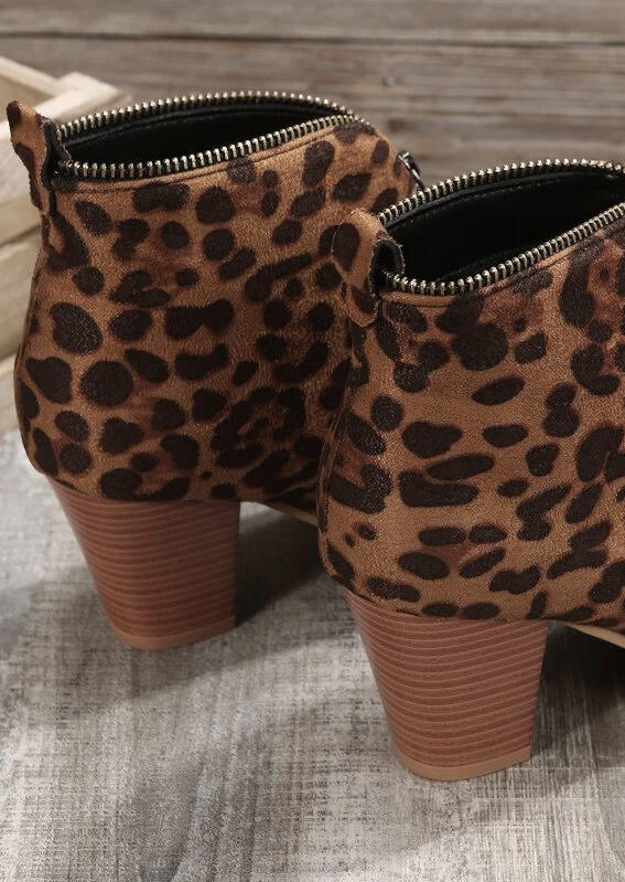 Leopard Zipper Round Toe Heeled Boots