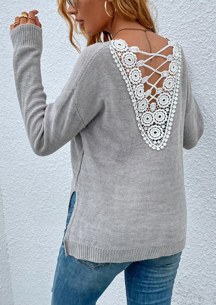 

Sweaters Lace Splicing Drop Shoulder V-Neck Sweater in Gray. Size: L