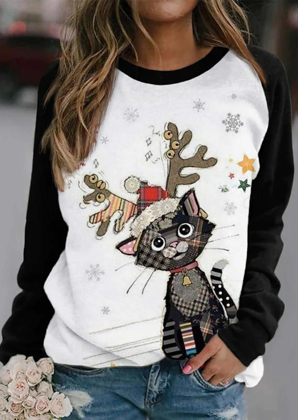 

Sweatshirts Christmas Snowflake Plaid Cat Pullover Sweatshirt in White. Size: L,M,,XL