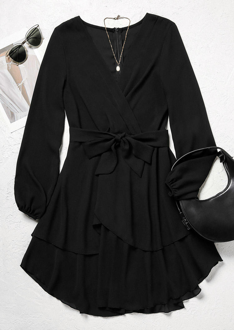 Mini Dresses Wrap V-Neck Asymmetric Mini Dress in Black. Size: M,S,XL