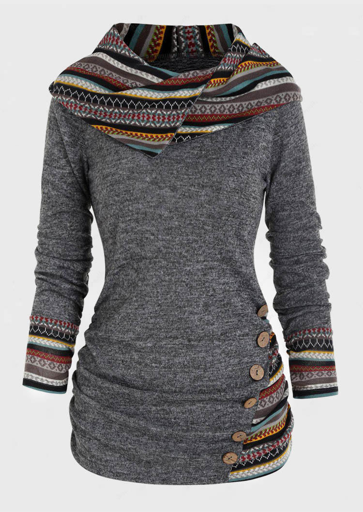 Blouses Tribal Geometric Striped Button Long Sleeve Blouse in Multicolor. Size: L,M,S,XL