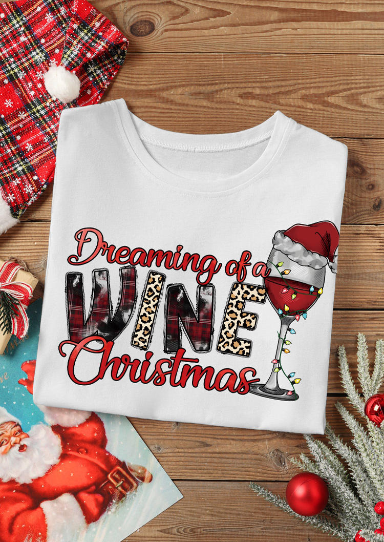 Dreaming Of A Wine Christmas Leopard Plaid T-Shirt Tee - White