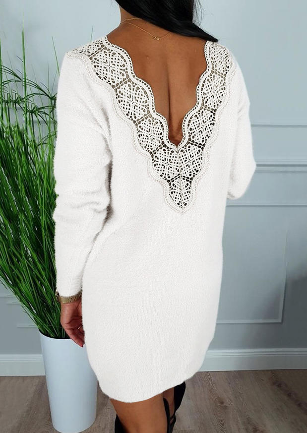 Lace Splicing Open Back Long Sleeve Mini Dress - White