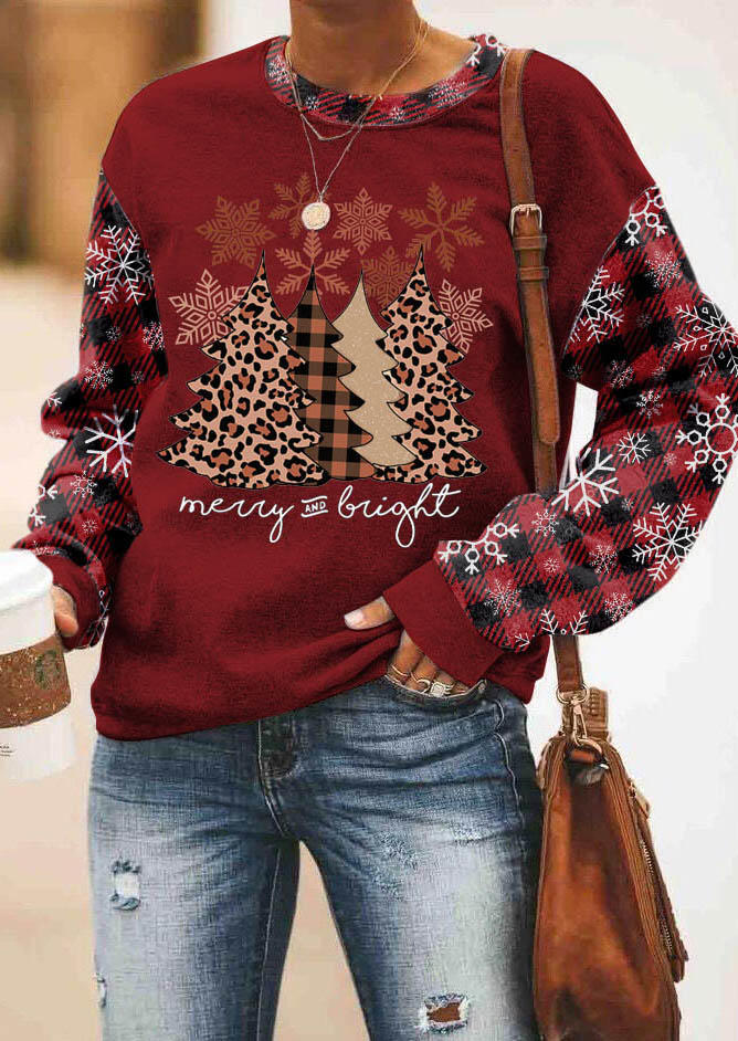 

Sweatshirts Christmas Merry & Bright Plaid Snowflake Leopard Sweatshirt in Red. Size: L,M,,XL