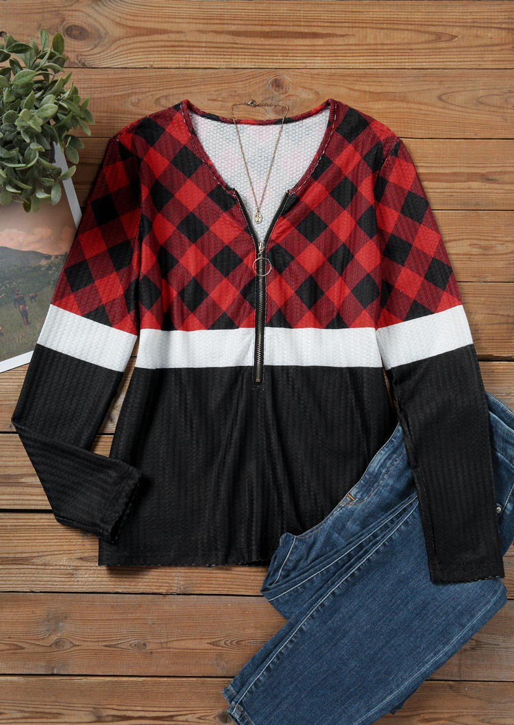

Blouses Color Block Buffalo Plaid Zipper Blouse in Black. Size