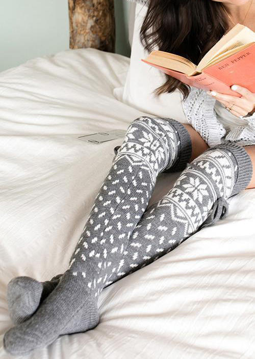 

Knee-High Socks Christmas Snowflake Warm Over Knee Socks in Gray. Size