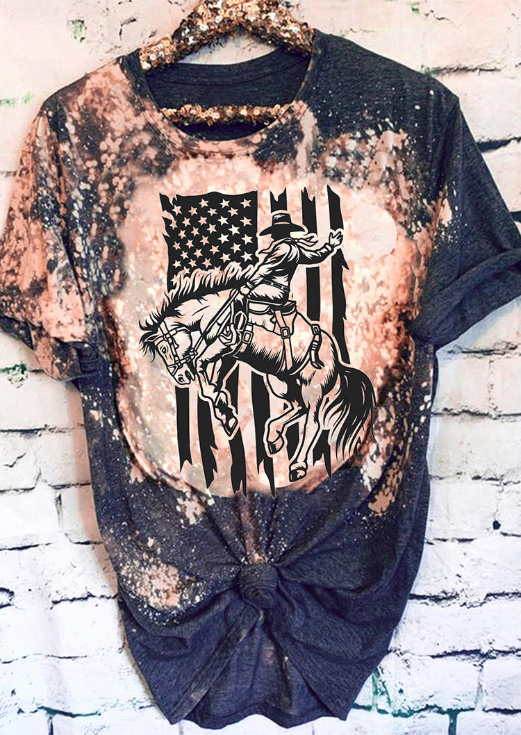 T-shirts Tees American Flag Horse Bleached O-Neck T-Shirt Tee in Gray. Size: L,M,S,XL