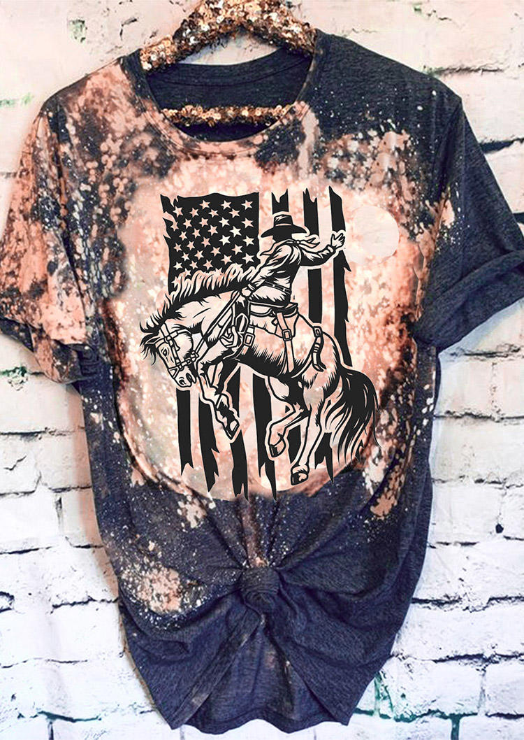 

T-shirts Tees American Flag Horse Bleached O-Neck T-Shirt Tee in Gray. Size