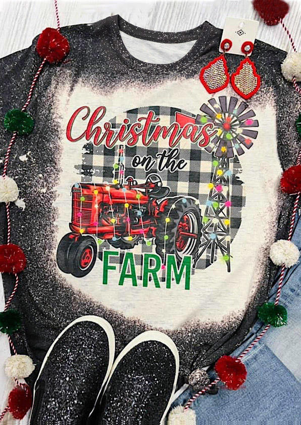 

T-shirts Tees Christmas On The Farm Plaid Bleached O-Neck T-Shirt Tee in Black. Size