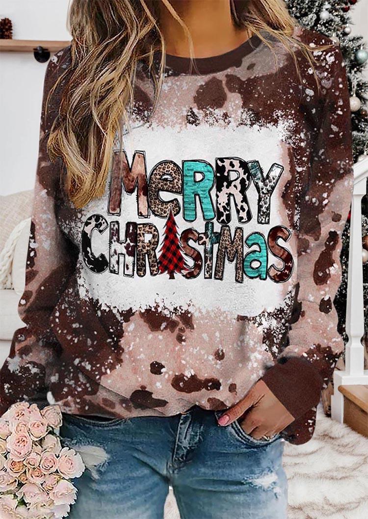 Merry Christmas Tree Cow Leopard Bleached Sweatshirt - Brown