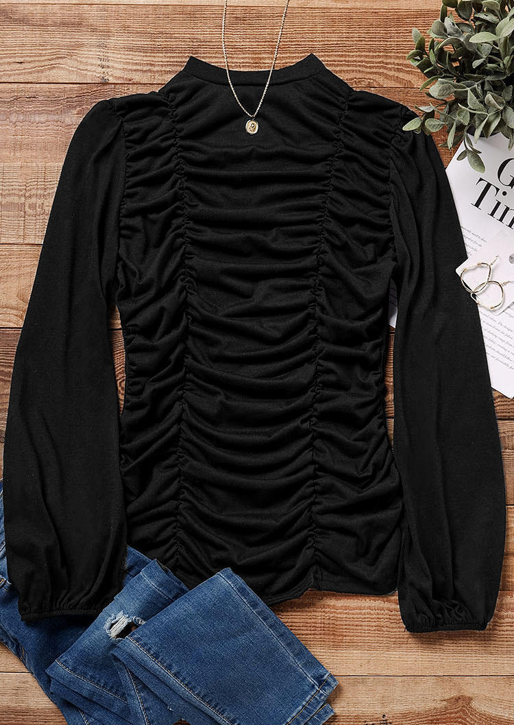 Blouses Ruched Long Sleeve Turtleneck Blouse in Black. Size: L,M,S,XL