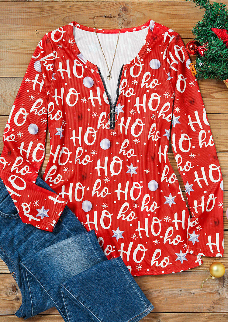 Blouses Christmas Ho Ho Ho Snowflake Zipper Blouse in Red. Size: M,S,XL