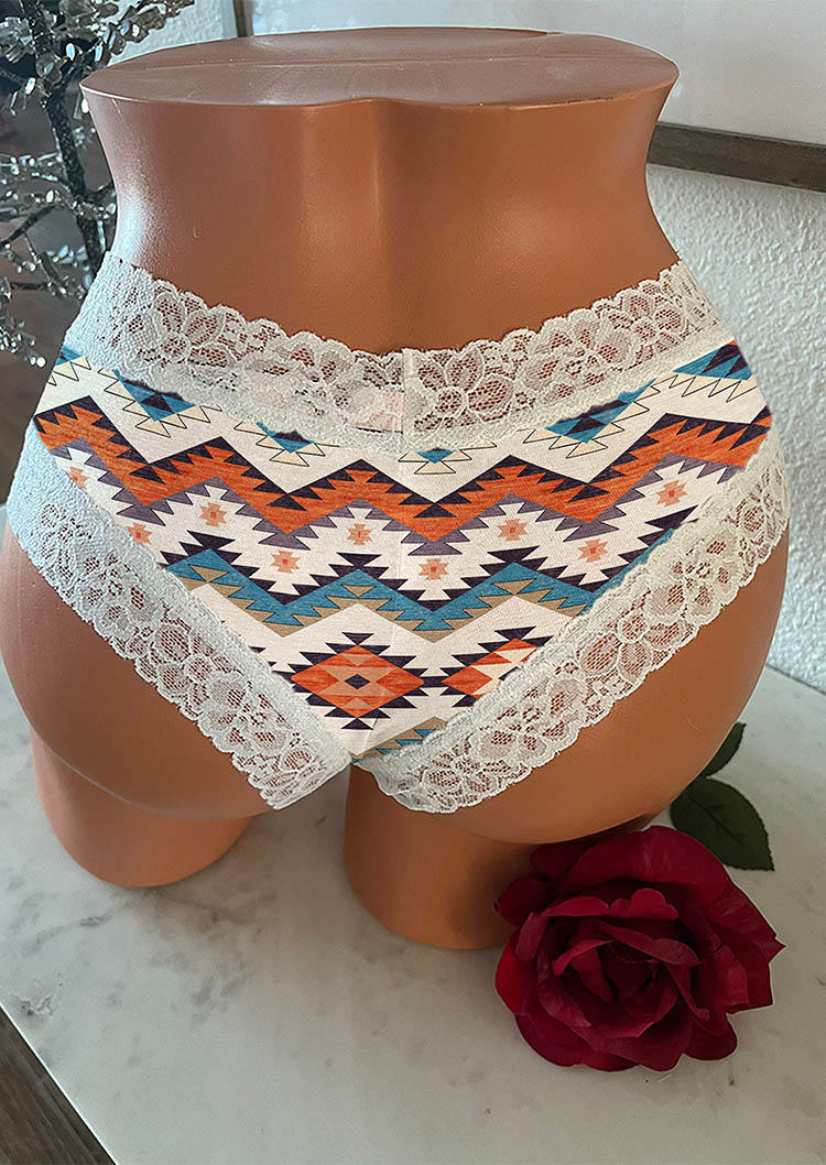 Aztec Geometric Lace Splicing Panties - White