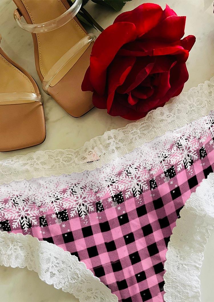 Panties Christmas Snowflake Plaid Lace Splicing Panties in Pink. Size: L,S