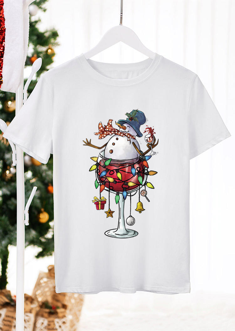 

T-shirts Tees Christmas Snowman Lantern O-Neck T-Shirt Tee in White. Size: L,M,,XL