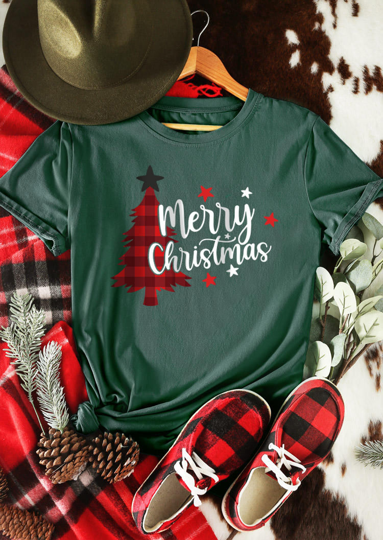 

T-shirts Tees Merry Christmas Tree Plaid T-Shirt Tee in Green. Size: L,M,,XL