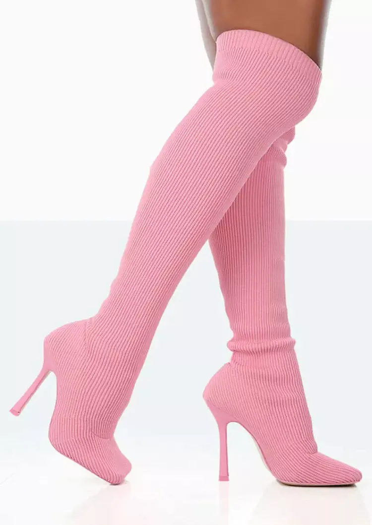 Pointed Toe Over Knee Heeled Boots - Pink - Fairyseason