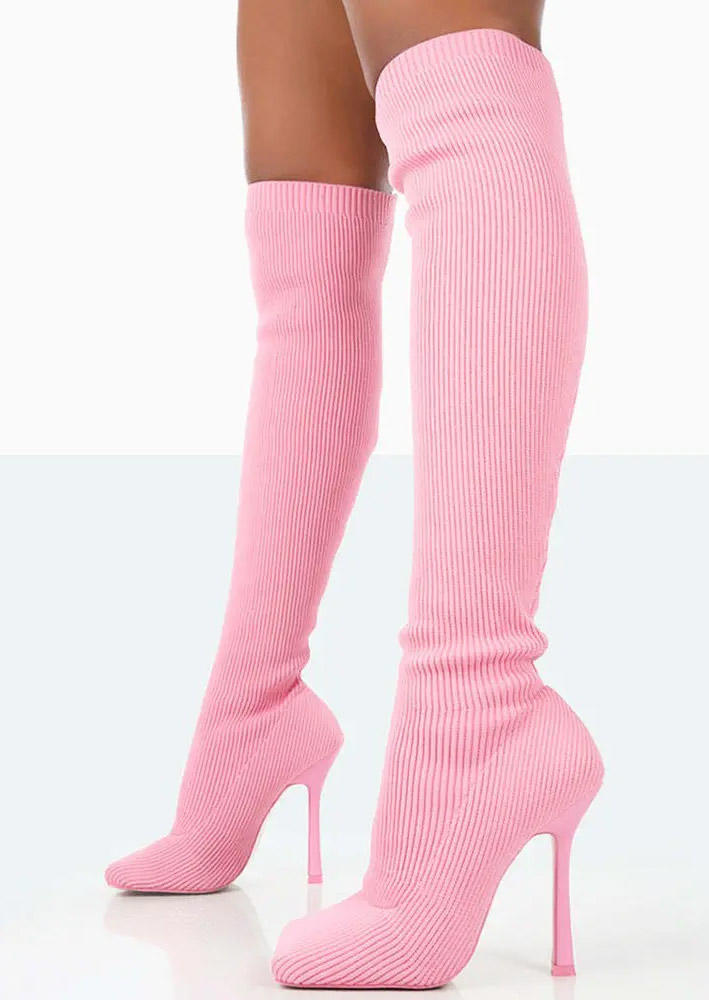 

Boots Pointed Toe Over Knee Heeled Boots in Pink. Size