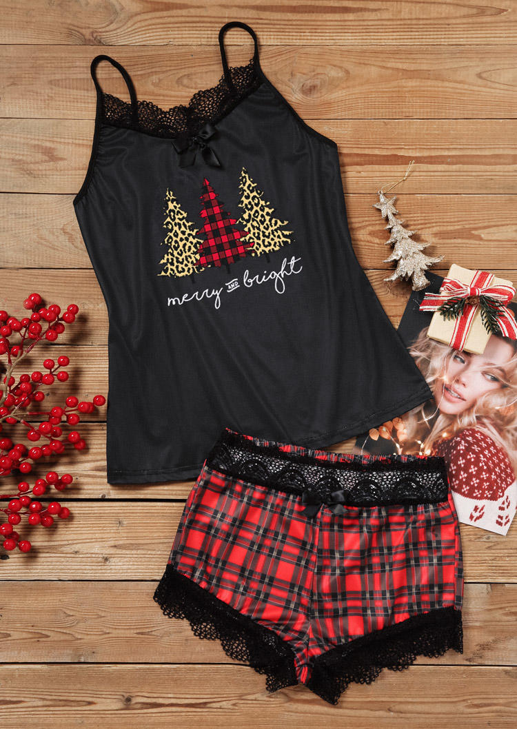 Sleepwear Christmas Merry And Bright Plaid Lace Camisole And Shorts Pajamas Set in Black. Size: L,M,S