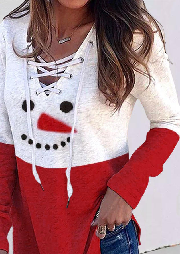 

Blouses Christmas Snowman Color Block Lace Up Blouse in Multicolor. Size