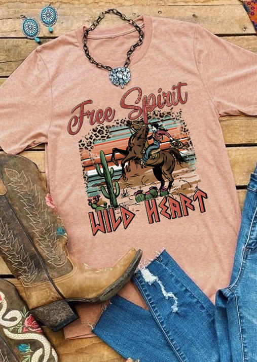 Free Spirit Wild Heart Leopard Horse Cactus T-Shirt Tee - Light Pink