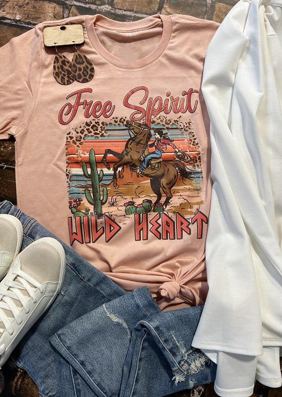 T-shirts Tees Free Spirit Wild Heart Leopard Horse Cactus T-Shirt Tee - Light Pink in Pink. Size: L,XL