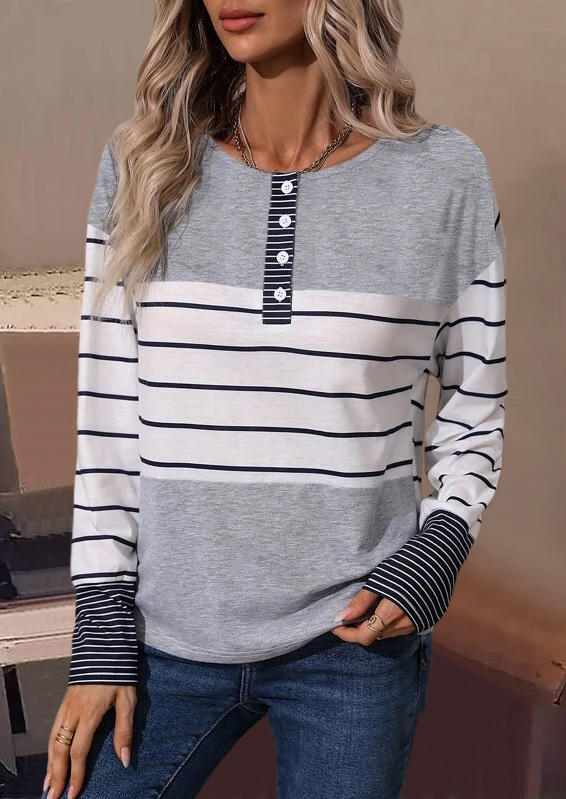Blouses Striped Button Long Sleeve Blouse in Multicolor. Size: S